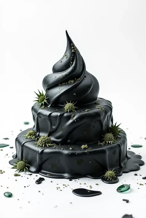  Spoiled black cake with fungi,  completely black cake , melted cake ,  cake with glass pieces ,  white background 