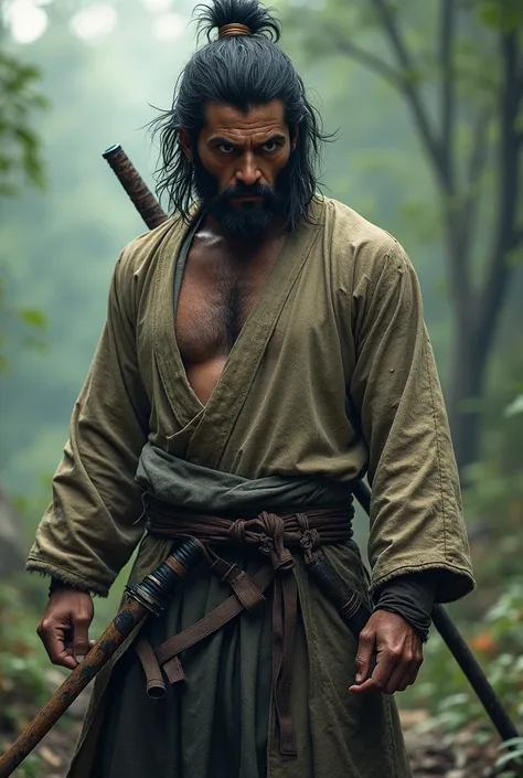 A samurai man with long hair and trainning still blade broke and his body has scars