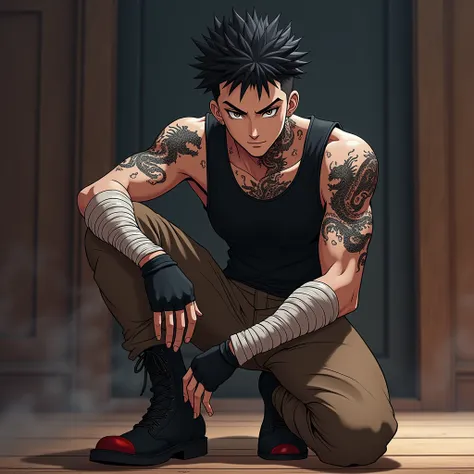 Solo, 1boy, High Resolution, Looking at the viewer, Cinematic, Cinematic Lighting, Image Fill, Anime style, lookism style spiked black hair in a crew cut, pitch white eyes with black irises, lean yet muscular body that is heavily scars, Twisted Ghidorah dr...