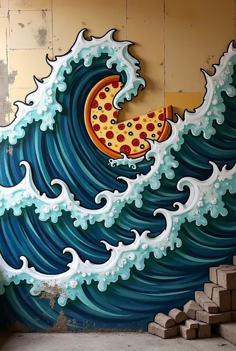  Painting Grafith irregular waves on top of the wall with Theme pizza, waves with black outline 