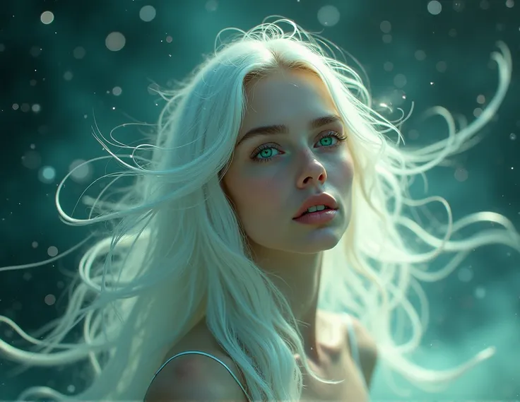 "A beautiful Instagram model with white hair and green eyes"
Floating in a serene, star-filled sky, her hair blending seamlessly with the stardust. Her eyes shine like emeralds, reflecting the galaxies that surround her.