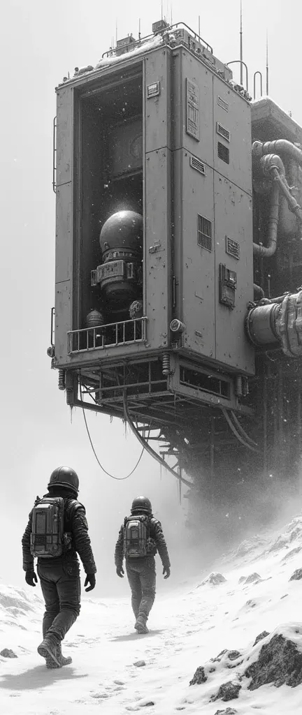 Black and white pencil drawing. Two futuristic astronauts climbing into a black grey rectangular huge boxy spaceship made up of many containers and box shapes . Spaceship is covered in detail. Pipes, grilles. Ice planet at night . It is the middle of a sto...