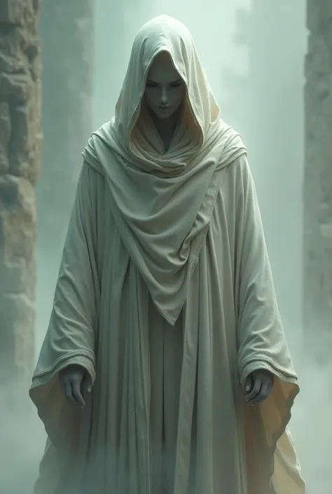 A human with beige skin, has grayish, wizard-like robes 