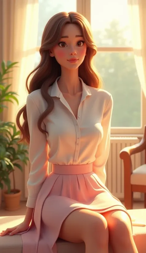 "A woman stylized as a 3D animated character, sitting in a room illuminated by natural light. She has long brown hair, is wearing a white blouse and a light pink skirt. The background shows a cozy living room with large windows, light curtains, and elegant...