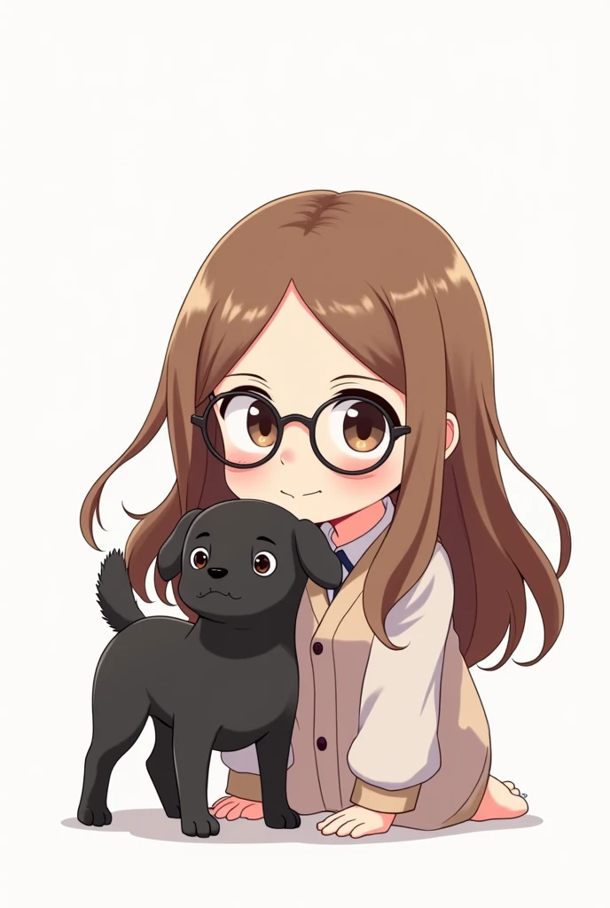  brown-haired girl  ( long and without a circle ) and lenses with black Peruvian dog (The dog is medium ) with very little hair on her head ) (Anime version) ( with white background)