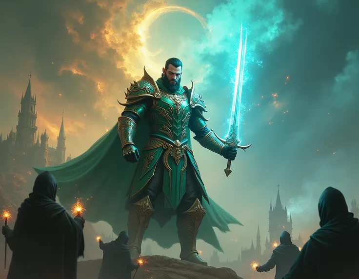  The image shows an imposing warrior ,  wrapped in shining green armor details in copper and gold ,  holding a magic sword that radiates luminous blue energy . Around you,  hooded sorcerers conjuring spells ,  his hands glowing with mystical sparkles .  in...