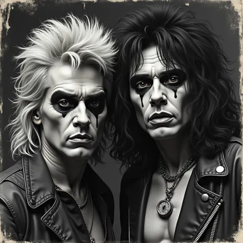 A Black and White photorealistic weathered 1988 Album cover Album called "Hey! Wheres My Cocaine" from Middle Aged Duo, L.A. Glam Metal Glam band from 1988 