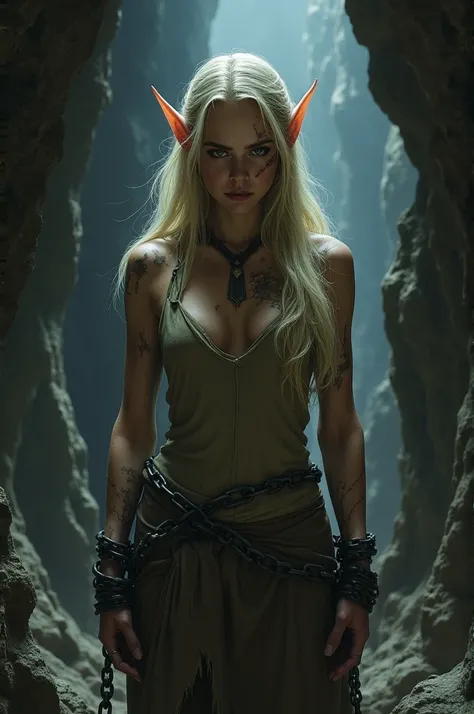 Blonde elf, Woman with scars on her body tied by chains inside a dark cave she is wearing clothes