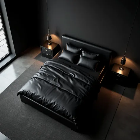 Create a modern comolete  bedroom but using black leather elements aerial view