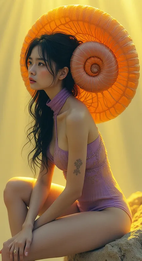 A beautiful girl in a jumpsuit wearing the colors yellow and purple with a high collar  ,  long sleeves , a bare leg with an orange shell on her back and a snail makeup