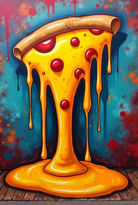 A vibrant graffiti-style mural depicting melted cheese dripping down from the top of a wall, resembling the gooey cheese from a pizza. The design should be colorful and eye-catching, emphasizing the texture of the cheese and incorporating playful elements ...