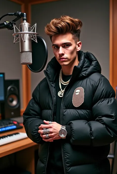 A 20-year-old Italian rapper with fair skin and a styled chestnut brown pompadour stands in a professional recording booth, looking confidently at the camera. The Neumann TLM 103 condenser microphone is mounted above, angled downward in classic rapper styl...