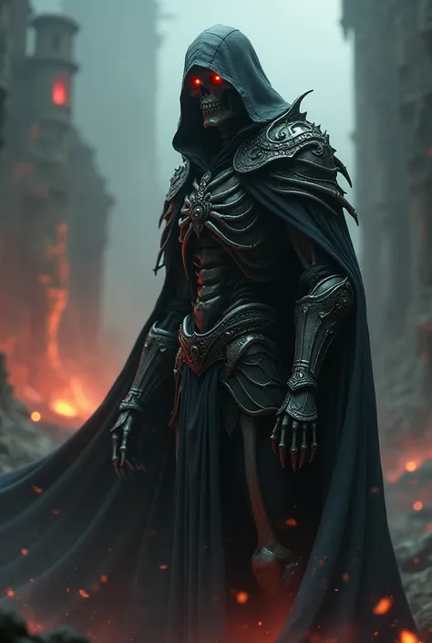 Foto realista. Alta calidad, obra maestra. Pose dinámica. Emerging from the shadows of a dark fantasy realm, a skeletal figure with glowing red eyes stands ominously. Clad in armor and a hooded cloak, they loom before a distant fortress. 🏰🔥