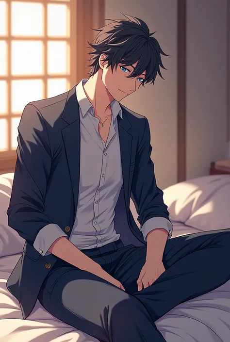 anime guy sitting on a bed with his legs crossed, an anime drawing by Okada Beisanjin, trending on pixiv, shin hanga, handsome anime pose, tall anime guy with blue eyes, most strongest pose, handsome guy in demon slayer art, male anime character, young ani...