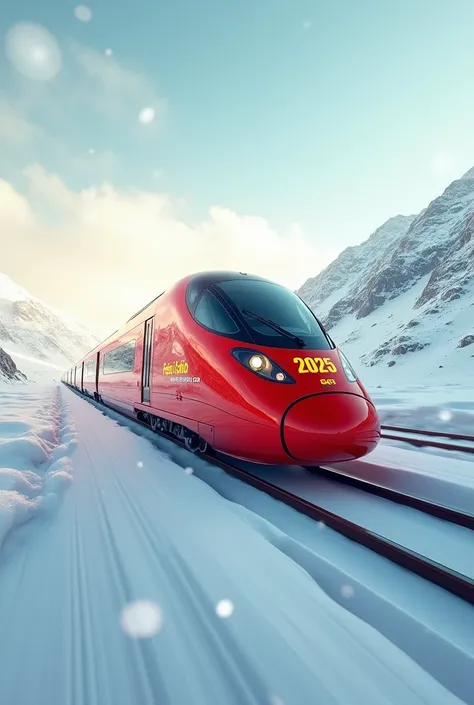 16K ultra high definition, surreal aerial view, panoramic view of the polar world and high-speed train.
> A modern red high-speed train, designed in an aerodynamic way, with a winter landscape in the background. The train travels on snow-covered tracks whi...