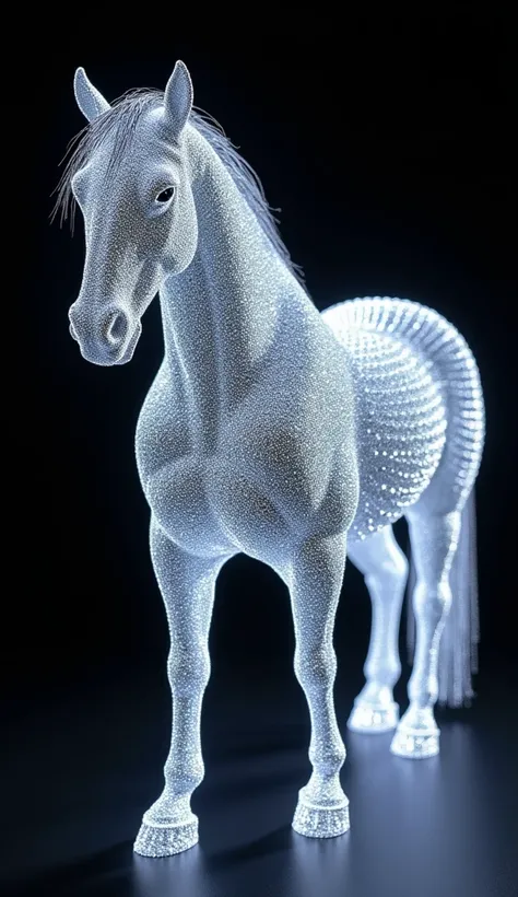 "A diamond-encrusted horse with the number 7 prominently displayed on its back, shimmering and sparkling under the light. The design combines elegance and brilliance, symbolizing perfection and uniqueness."
