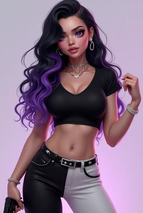 Create Uma with realistic graphics as if you were human, she has dark circles,  she has black hair mixed with purple ,  but purple stands out more ,  the clothes are a cropped black ,  with black and white pants with glitter , She has a star belt ,  she ha...