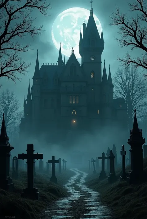 Count Draculas Gothic castle in the middle of a creepy cemetery with full moon in the  background