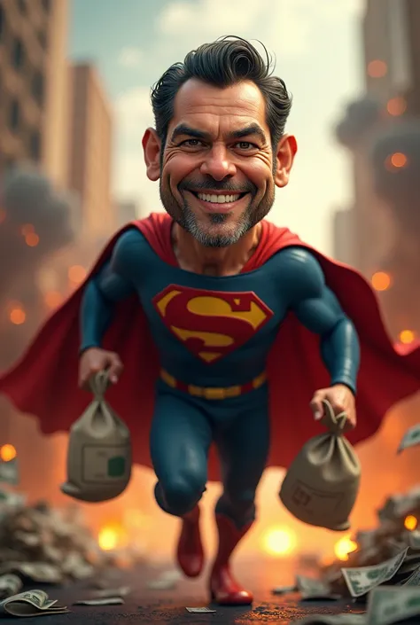 Superman e Batman em arte legUltra-realistic caricature of Luís Inácio Lula da Silva - President of Brazil: running with money bags in hand and behind the character, explosions in buildings, in a hyperrealistic photographic style with subtle exaggeration o...