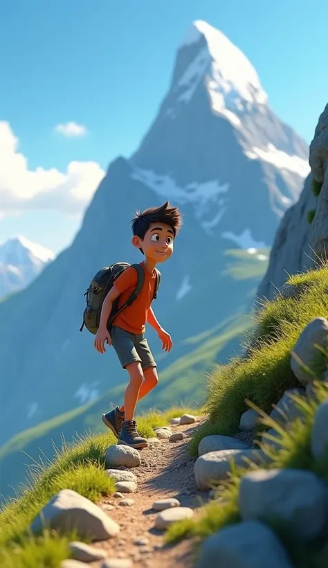 "A 3D animated young man climbing a steep mountain trail, carrying a small backpack. His expression shows determination and focus as he navigates rocky paths and overcomes obstacles. The mountain is vast and imposing, with patches of grass and rugged terra...