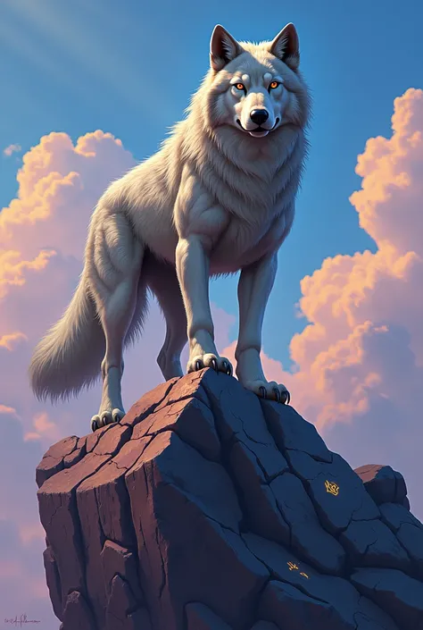 Create a wolf in 2D on top of a meowing rock