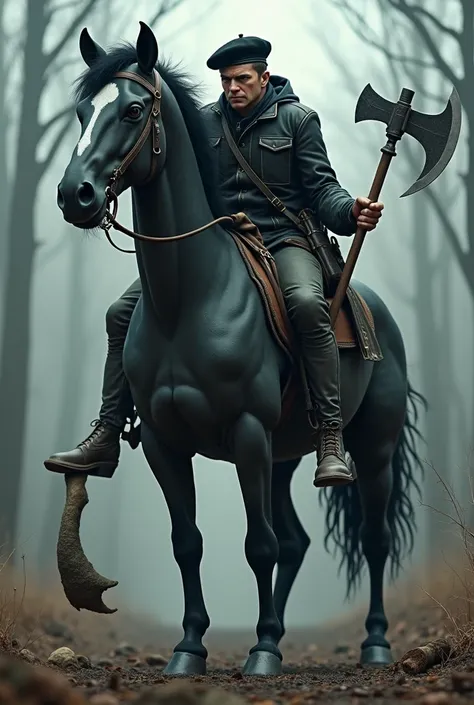 Half man half horse with a mans face and a black beret in one hand an axe and in the other M.16