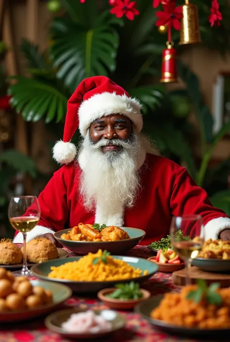 “A merry Christmas the Blue Ibis experience” Instagram post Trinidad influenced food with Santa beard down at a dinner table 