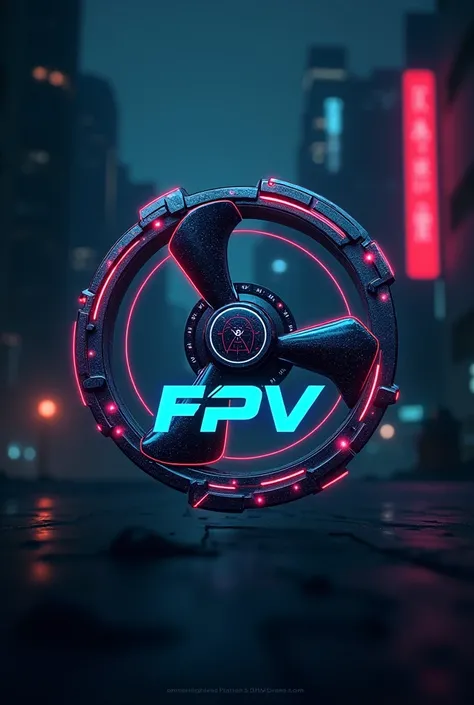 Cyberpunk-style logo from a brand called RioJaSky FPV with a 3-blade propeller coming out 