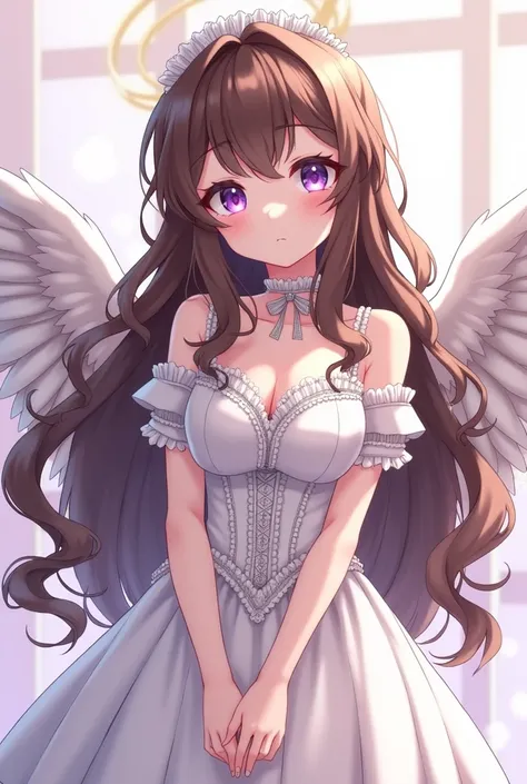 An anime girl with long wavy brown hair with adorably purple eyes with a  but not so large medium breasts, wearing a white Victorian-style dress with angel wings and with white eyes in the shape of a small heart.