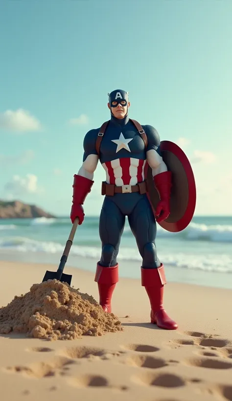 Create a hyper-realistic, animated image of Captain America on a serene beach, holding a shovel and digging the sand. He should be in the middle of the task, with a portion of the sand already dug up around him. Captain America is wearing his iconic red, w...