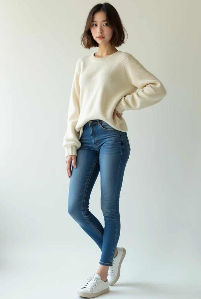 photorealistic style, a slim 22-year-old American girl, with short brown hair and blue eyes, wears a white wool sweater, jean pants which highlights her figure, and white sneakers.