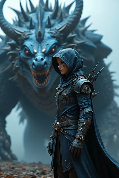  standing near a dragon there is a gorgeous male 3d anime model half rogue Thai elf in a shiny black and deep blue hooded outfit,   steampunk, heterochrome blue eyes ,  scars on the cheek cybernetic eyes dark elf fighting a huge armored dragon with an elvi...