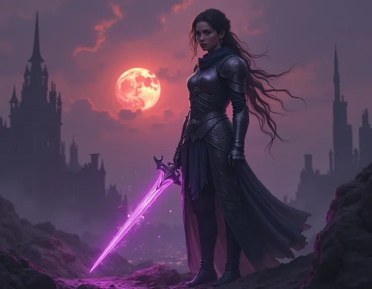 The image shows a young warrior ,  standing in a desolate landscape ,  her silhouette marked by the faint light of the sunset .  She holds a sword with a shiny blade in her hand ,  her figure is wrapped in large layers of metal that fall heavily . The back...