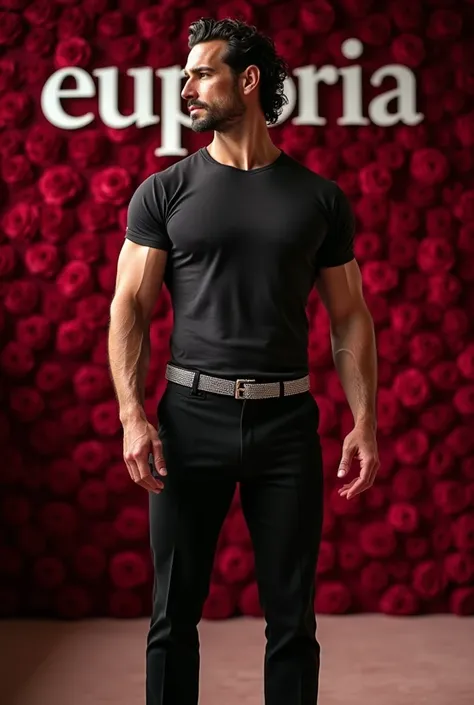  Create an image of a very tall, muscular Italian man ,  medium curly hair brushed back wet ,  wears a t-shirt attached to the rich ,  with elegant black fabric pants ,   on diamond belt ,  realistic image,  a scene from a stylized large scale backdrop for...