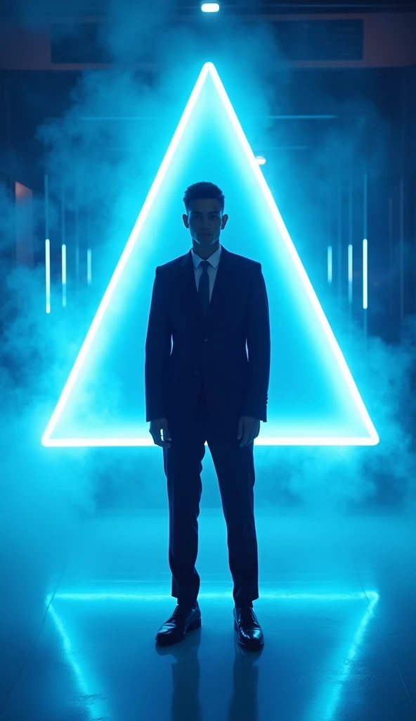 "Create an image of a young man wearing a sleek, modern suit standing confidently in front of a glowing neon triangular frame. The setting should have a futuristic ambiance with fog effects and reflective flooring, highlighting the vibrant blue neon light ...