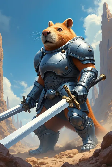 Generate a capybara with armor and a bottomless extended sword in the anime style 