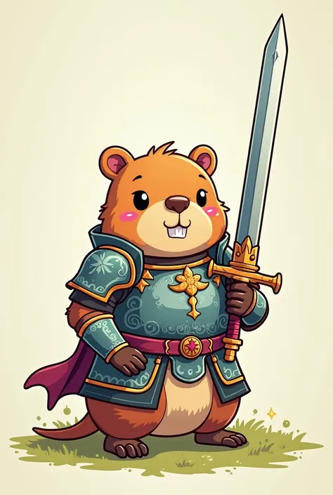 Generate a capybara with armor and a bottomless extended sword in the simple kawaii anime style