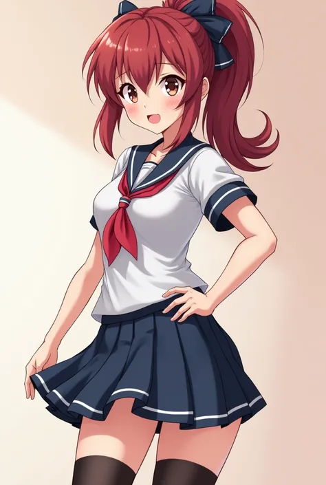 Make an anime schoolgirl who has big breasts and ass and wears a short skirt and curls her booty to the camera and see her big ass 