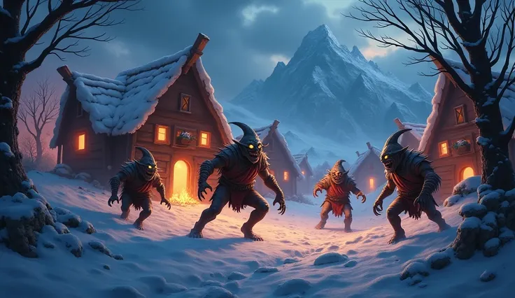 The goblins eerie howls reverberating through the village as they sound the alarm. The dark, chaotic scene is punctuated with the goblins frenzied movements and glowing eyes, illuminated by the flickering bonfires. The background is filled with the intimid...