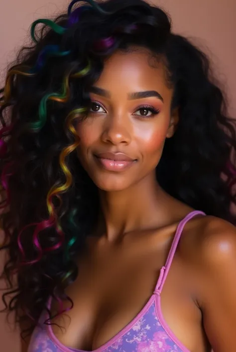 A woman that has radiant light-caramel skin that exudes warmth, complemented by cascading luscious, long curly thick puffy black hair with rainbow highlights, that gracefully draped down past her waist. Her captivating facial features are enhanced by a mes...