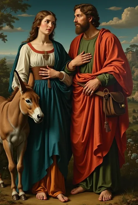 a painting of a woman and a man are standing next to a donkey, a picture by Roman Bezpalkiv, shutterstock, renaissance, with  jesus, beautiful high resolution, very beautiful photo, religious painting, holy, 4 k post, 4k post, beautiful depiction, jayson t...