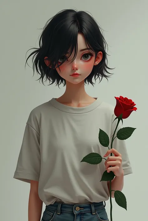  Teenager with a fake smile holding a red rose with one hand, wears a t-shirt in front 