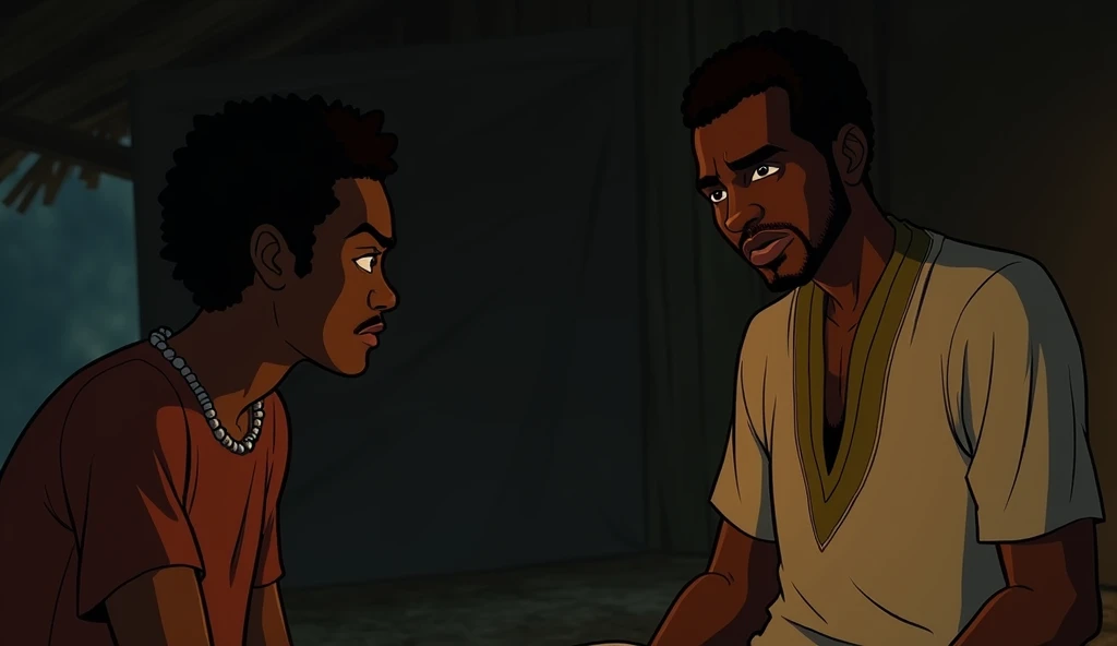 Odeyemi Telling Adeyemi About the Monkey

Prompt: Odeyemi, looking anxious, sits in a dimly lit hut, speaking to Adeyemi. Adeyemi listens intently, his expression a mix of curiosity and sly intent.
Explanation: This represents the betrayal brewing as Adeye...