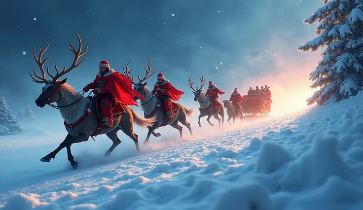 With a rapid cut, the warriors are now in a swirling blizzard, chasing Santa’s sleigh across the sky. Stars blink vividly against the night sky as the sleigh, pulled by reindeer, glows with enchantment. The warriors, riding mystical creatures, pierce throu...