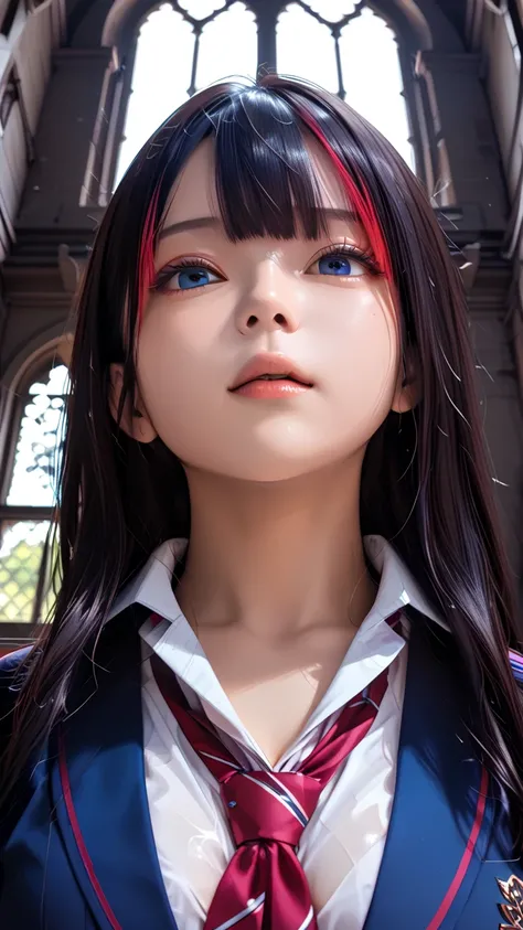 score_9,score_8_up,score_7_up,rating_safe,Vector Art,hd cg,1girl,(small face:1.2),Relaxed mouth,(big eyes:0.9),blue eyes,oily Skin,skin highlights,(Narrow cleavage:1.2),bangs,lapel collar,(school uniform:1.3),Long sleeves,See-through,standing,Castle,(Dark ...