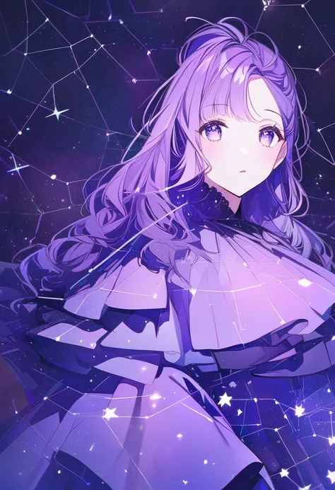 Female + purple hair + purple eyes + star eyes + adult + solo + white, black, and purple dress + bust + constellation background