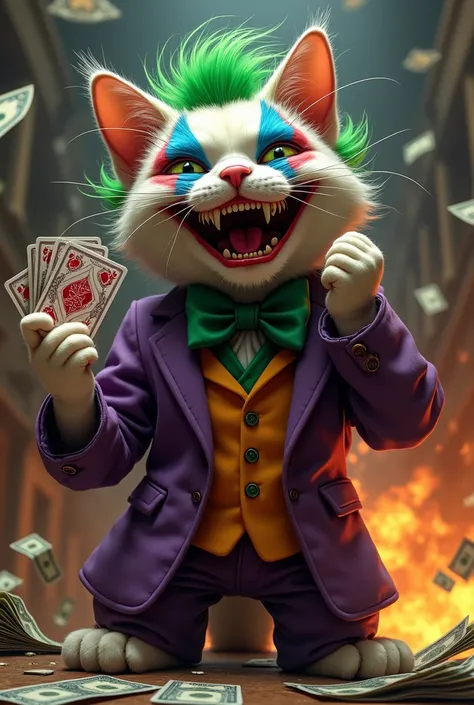 A disheveled cat with colorful fur markings on his face, resembling smeared clown makeup, stands on a table in a chaotic bank. He has wild green fur on his head styled like unruly hair and a psychotic grin stretching across his face, revealing sharp teeth....