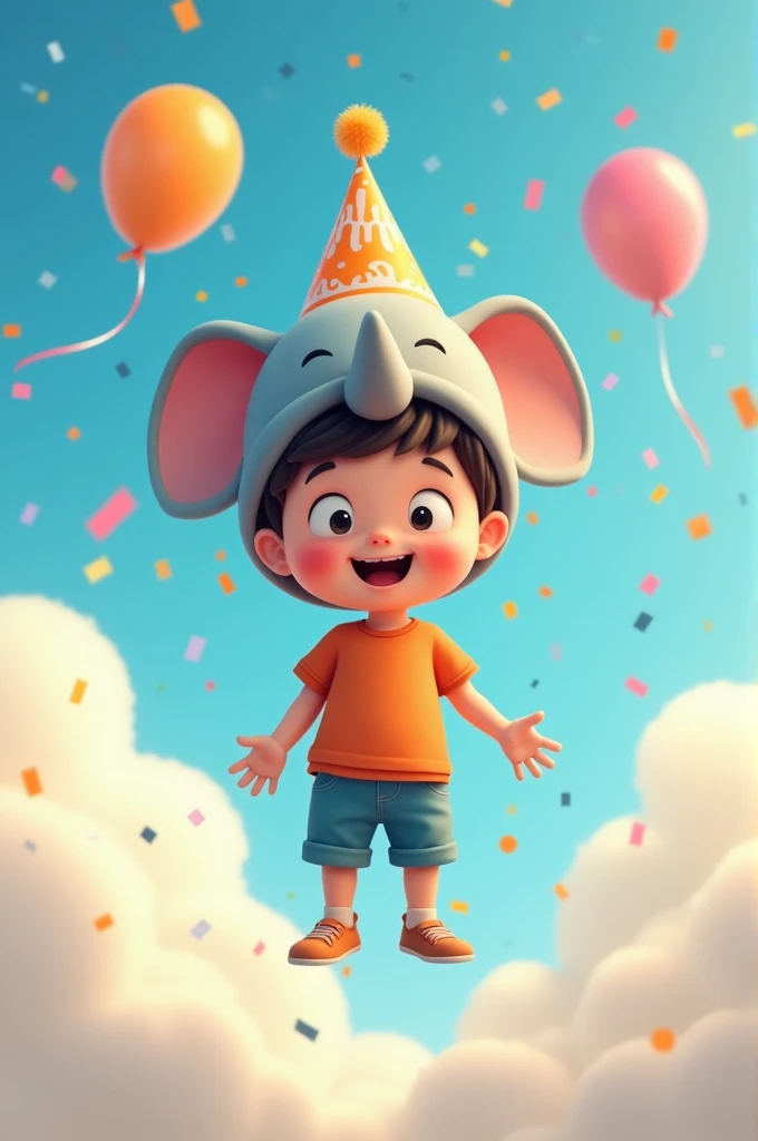 Birthday boy in the sky named Maxi wearing an elephant hat,  Animated style 