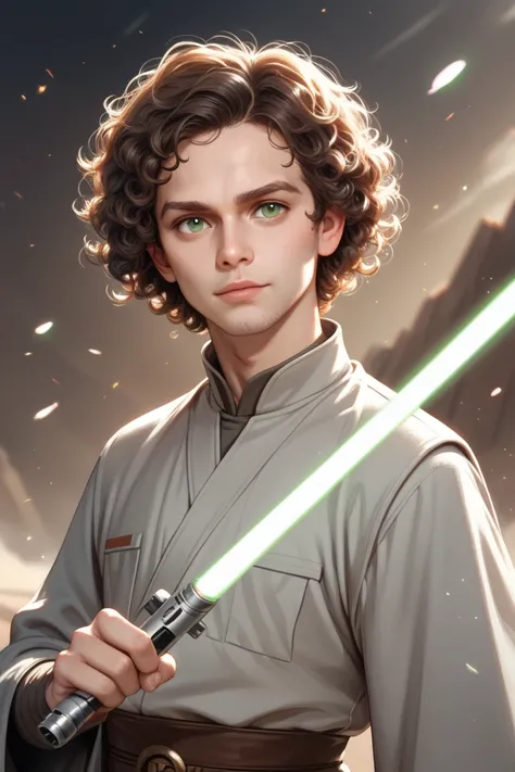 1 20 year old boy,  set in the Star Wars universe , curly brown hair and green eyes ,  is dressed in a white and silver tunic and has a white-light lightsaber