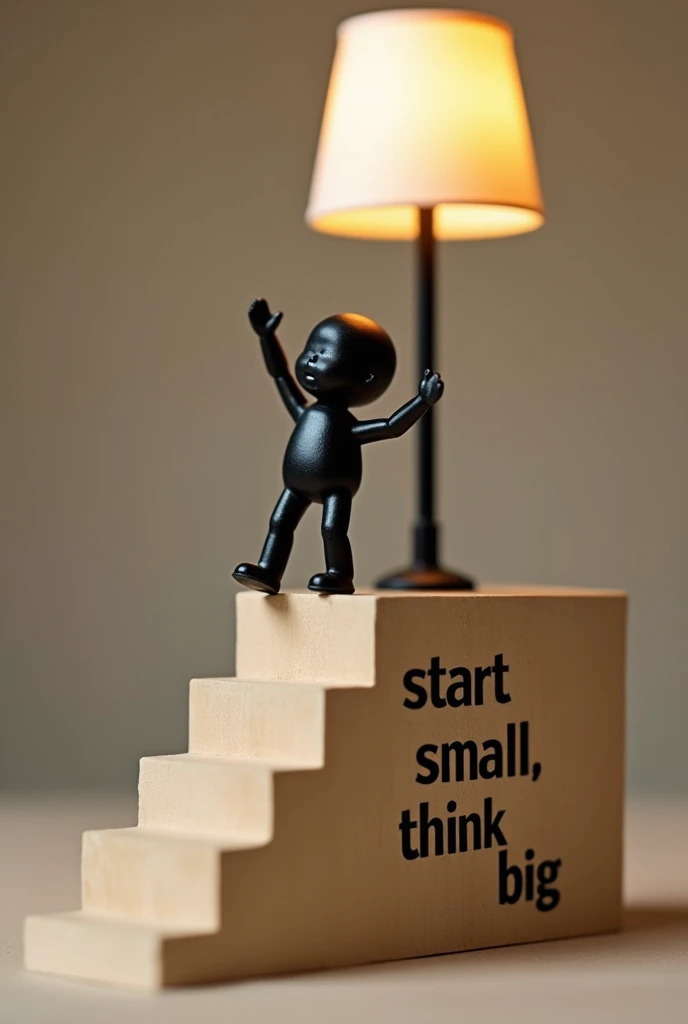  post, a model where you can see some stairs and above a black doll raising its arms and above it a bright lamp and on the side there are letters saying: " start small , think big" image quality 